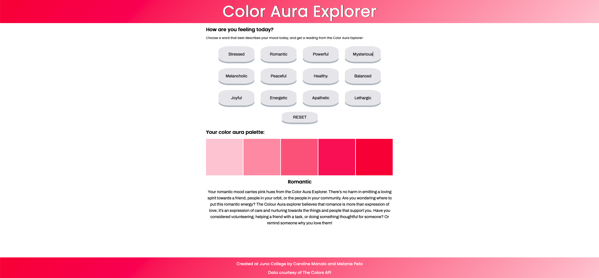 A screenshot of Color Aura Explorer; a web page displaying mood buttons that can be interacted with to prompt a color aura reading.